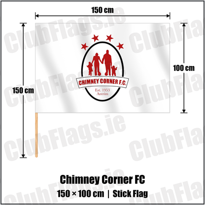 Chimney Corner FC 100cm x 150cm Stick Flag with the club crest and colours, Antrim Football - ClubFlags.ie