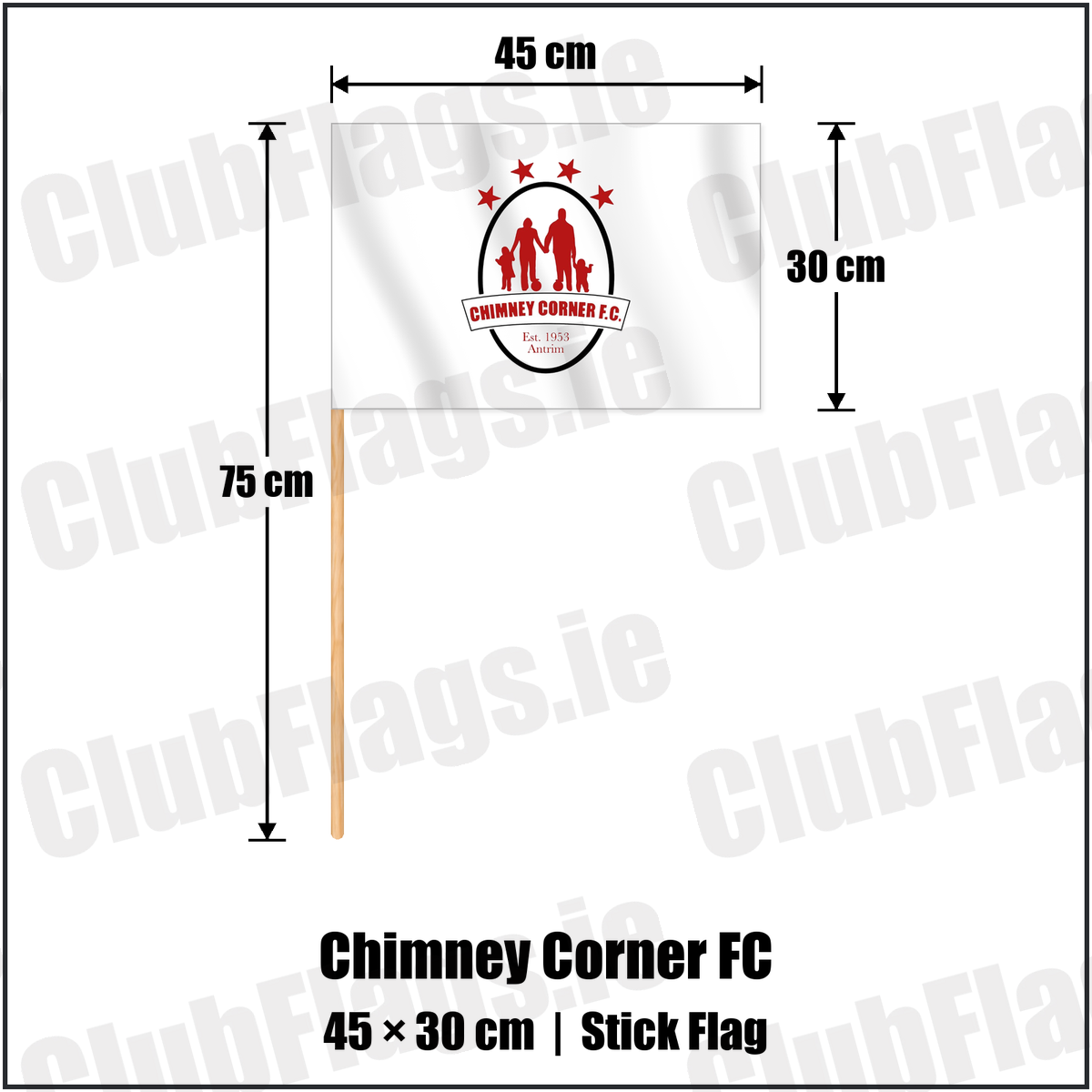 Chimney Corner FC 30cm x 45cm Stick Flag with the club crest and colours, Antrim Football - ClubFlags.ie