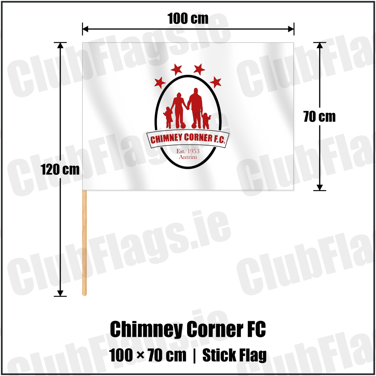 Chimney Corner FC 70cm x 100cm Stick Flag with the club crest and colours, Antrim Football - ClubFlags.ie