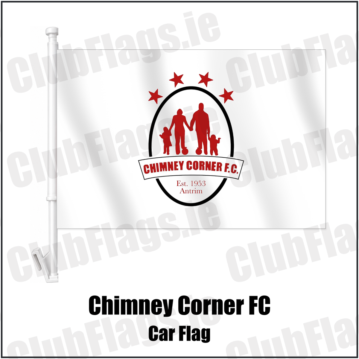 Chimney Corner FC Car Flag with the club crest and colours, Antrim Football - ClubFlags.ie
