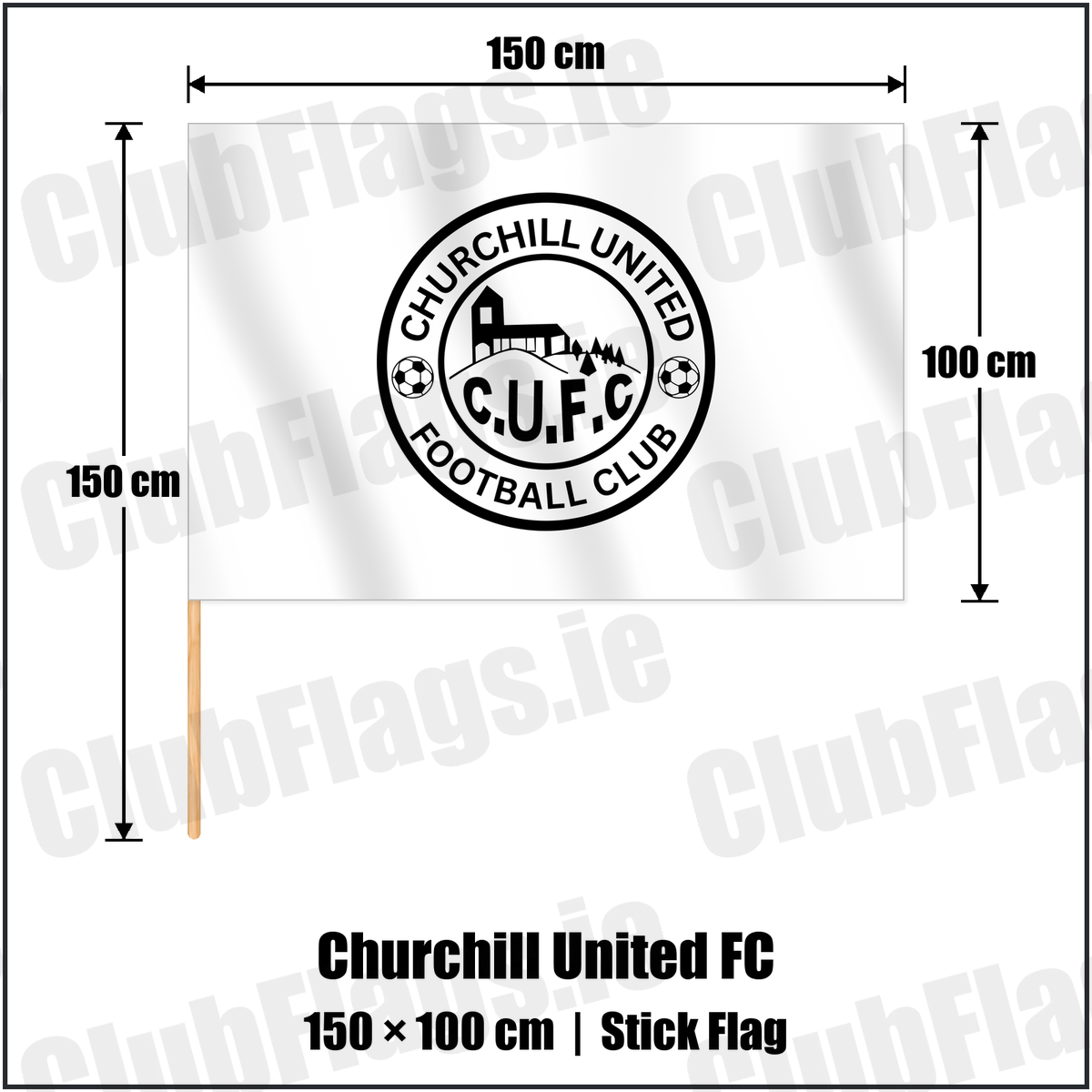 Churchill United FC 100cm x 150cm Stick Flag with the club crest and colours, Derry Football - ClubFlags.ie