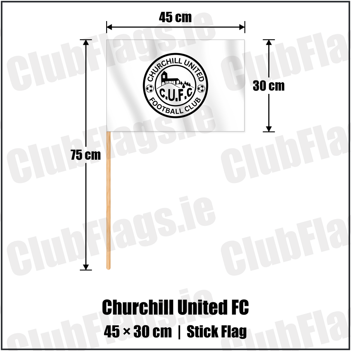 Churchill United FC 30cm x 45cm Stick Flag with the club crest and colours, Derry Football - ClubFlags.ie