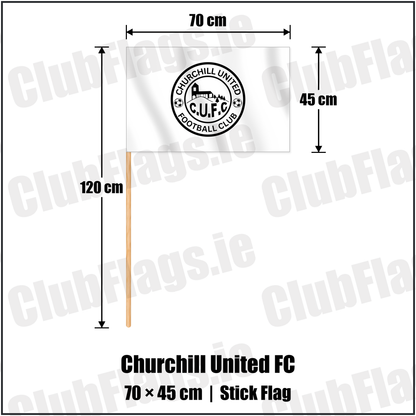 Churchill United FC 45cm x 70cm Stick Flag with the club crest and colours, Derry Football - ClubFlags.ie