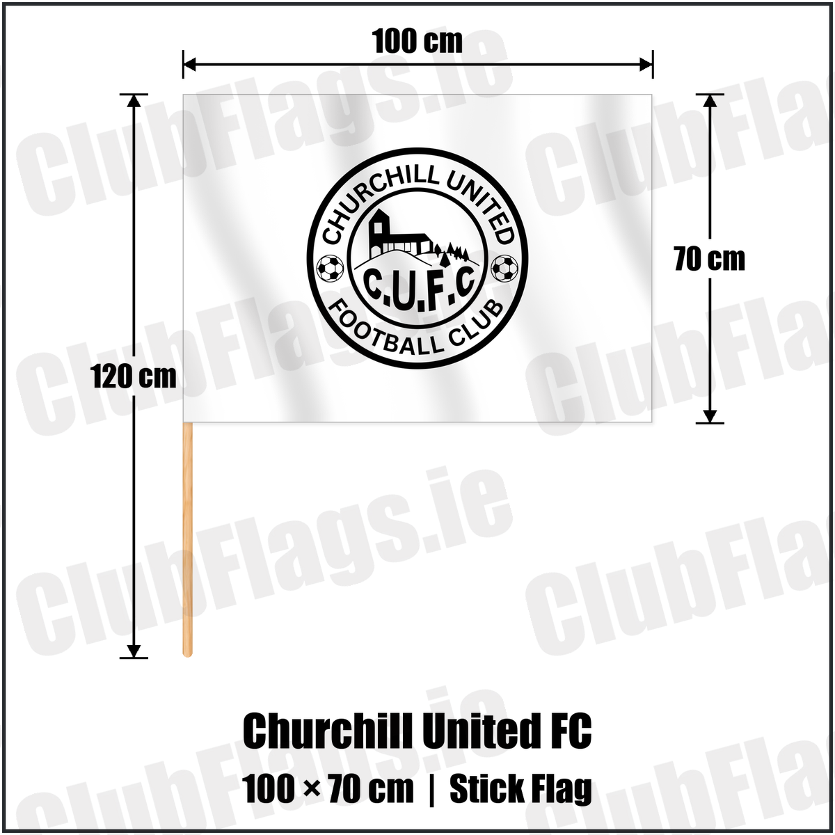 Churchill United FC 70cm x 100cm Stick Flag with the club crest and colours, Derry Football - ClubFlags.ie