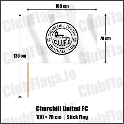 Churchill United FC 70cm x 100cm Stick Flag with the club crest and colours, Derry Football - ClubFlags.ie