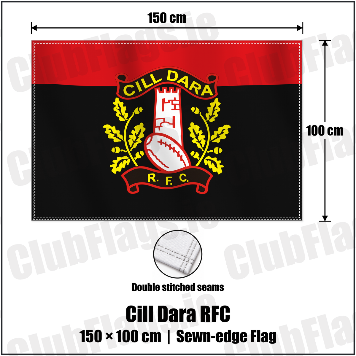 Cill Dara RFC 100cm x 150cm Flag (sewn on the edges) with the verified club crest and colours, Kildare Rugby - ClubFlags.ie