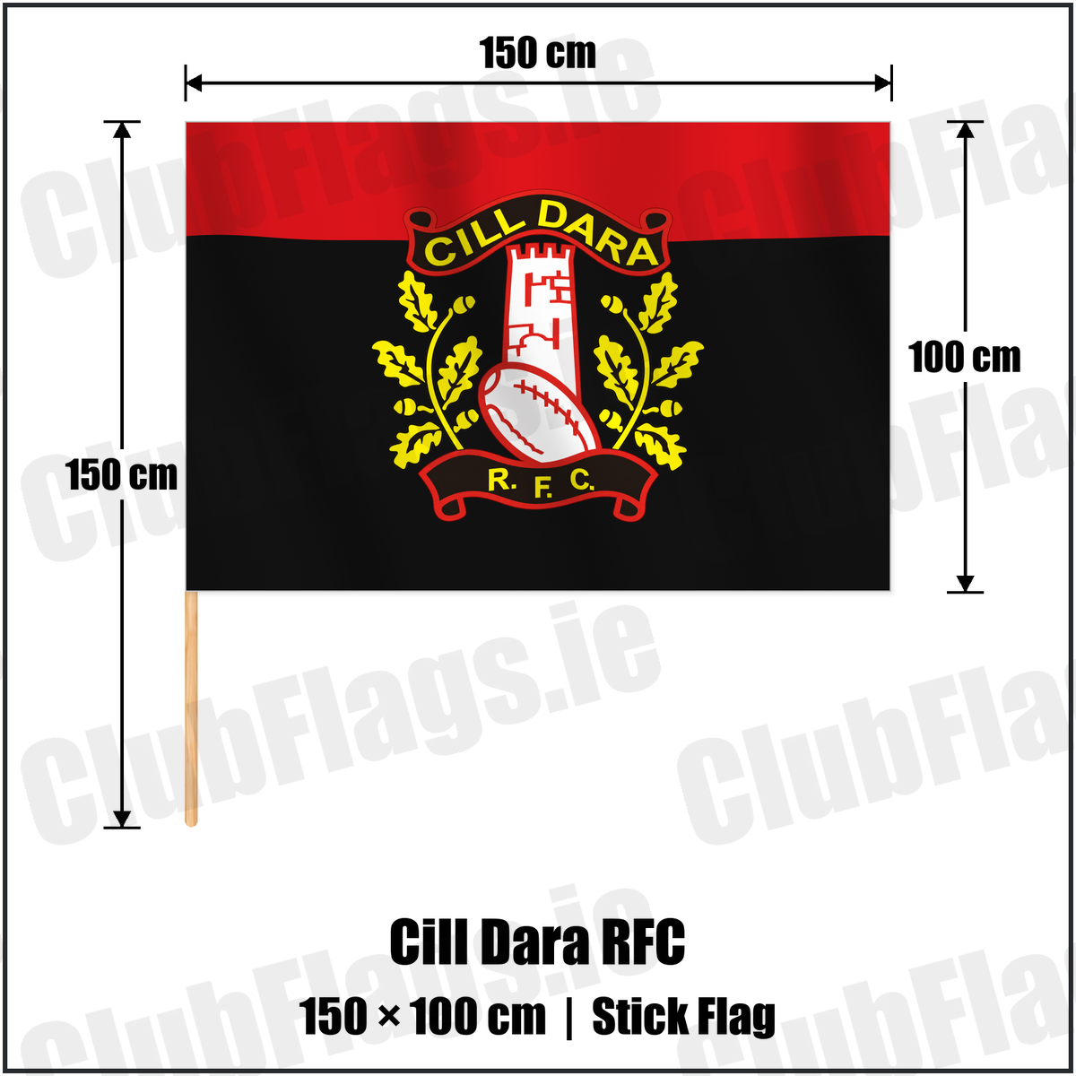 Cill Dara RFC 100cm x 150cm Stick Flag with the verified club crest and colours, Kildare Rugby - ClubFlags.ie