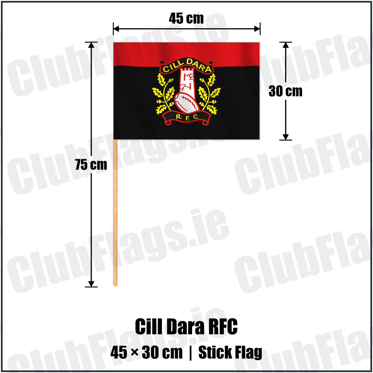 Cill Dara RFC 30cm x 45cm Stick Flag with the verified club crest and colours, Kildare Rugby - ClubFlags.ie