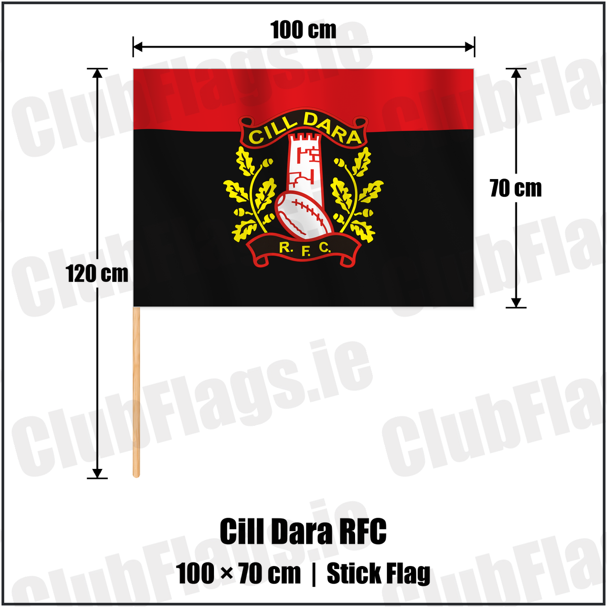Cill Dara RFC 70cm x 100cm Stick Flag with the verified club crest and colours, Kildare Rugby - ClubFlags.ie