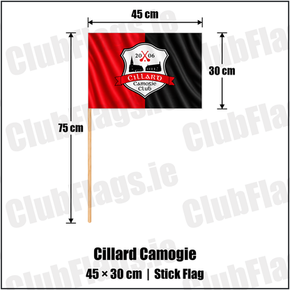 Cillard Camogie 30cm x 45cm Stick Flag with the club crest and colours, Kerry GAA - ClubFlags.ie