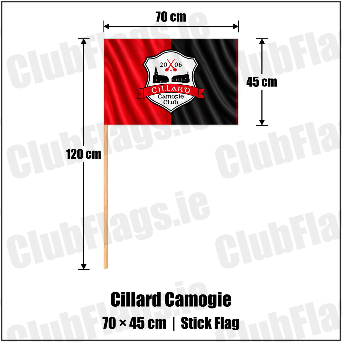 Cillard Camogie 45cm x 70cm Stick Flag with the club crest and colours, Kerry GAA - ClubFlags.ie