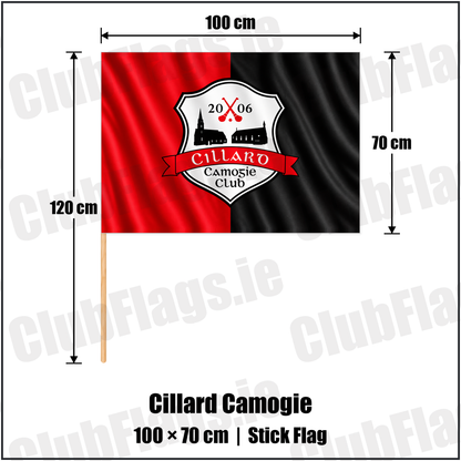 Cillard Camogie 70cm x 100cm Stick Flag with the club crest and colours, Kerry GAA - ClubFlags.ie