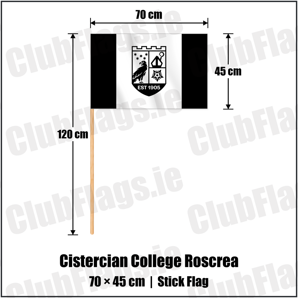 Cistercian College Roscrea 45cm x 70cm Stick Flag with the club crest and colours, Offaly Rugby - ClubFlags.ie