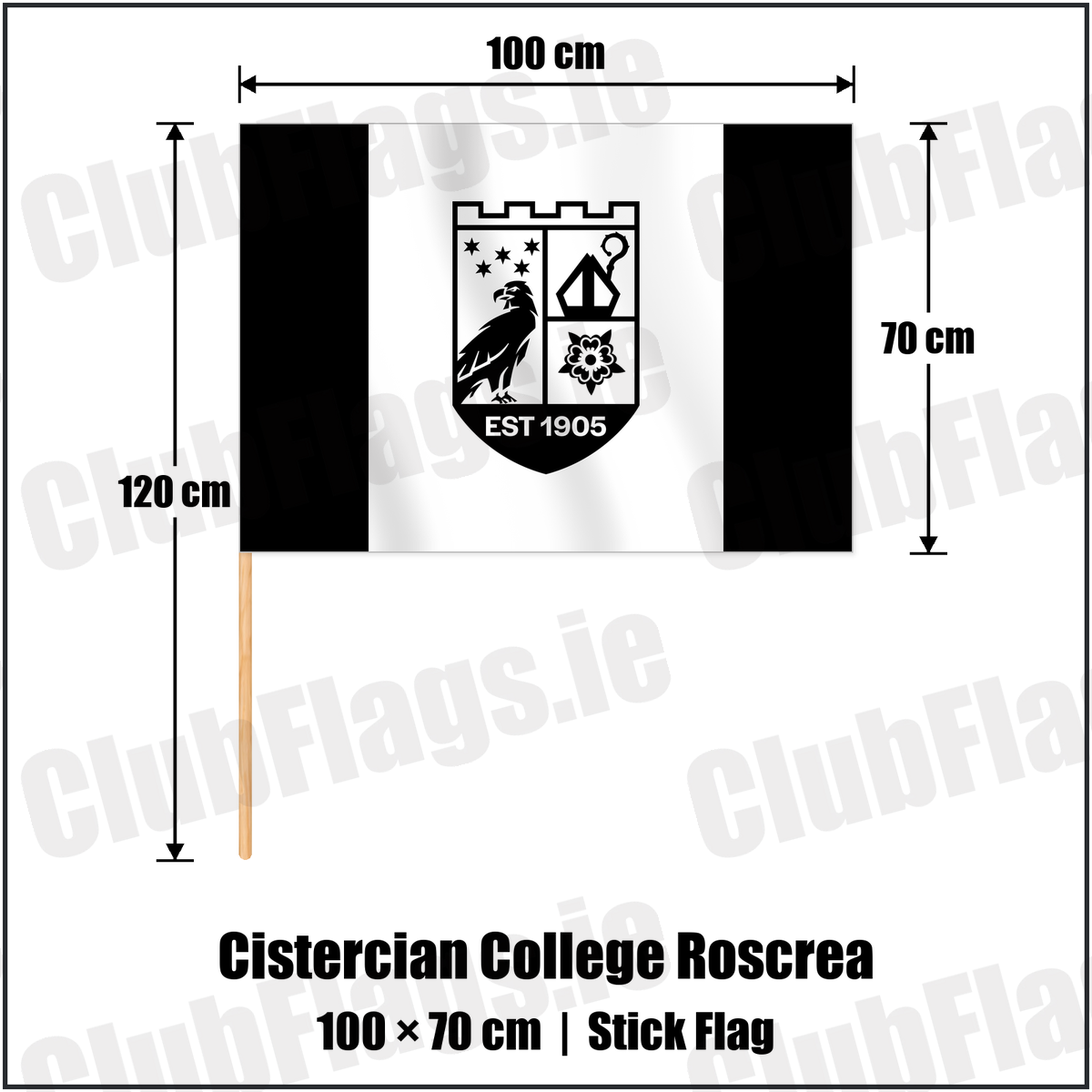 Cistercian College Roscrea 70cm x 100cm Stick Flag with the club crest and colours, Offaly Rugby - ClubFlags.ie