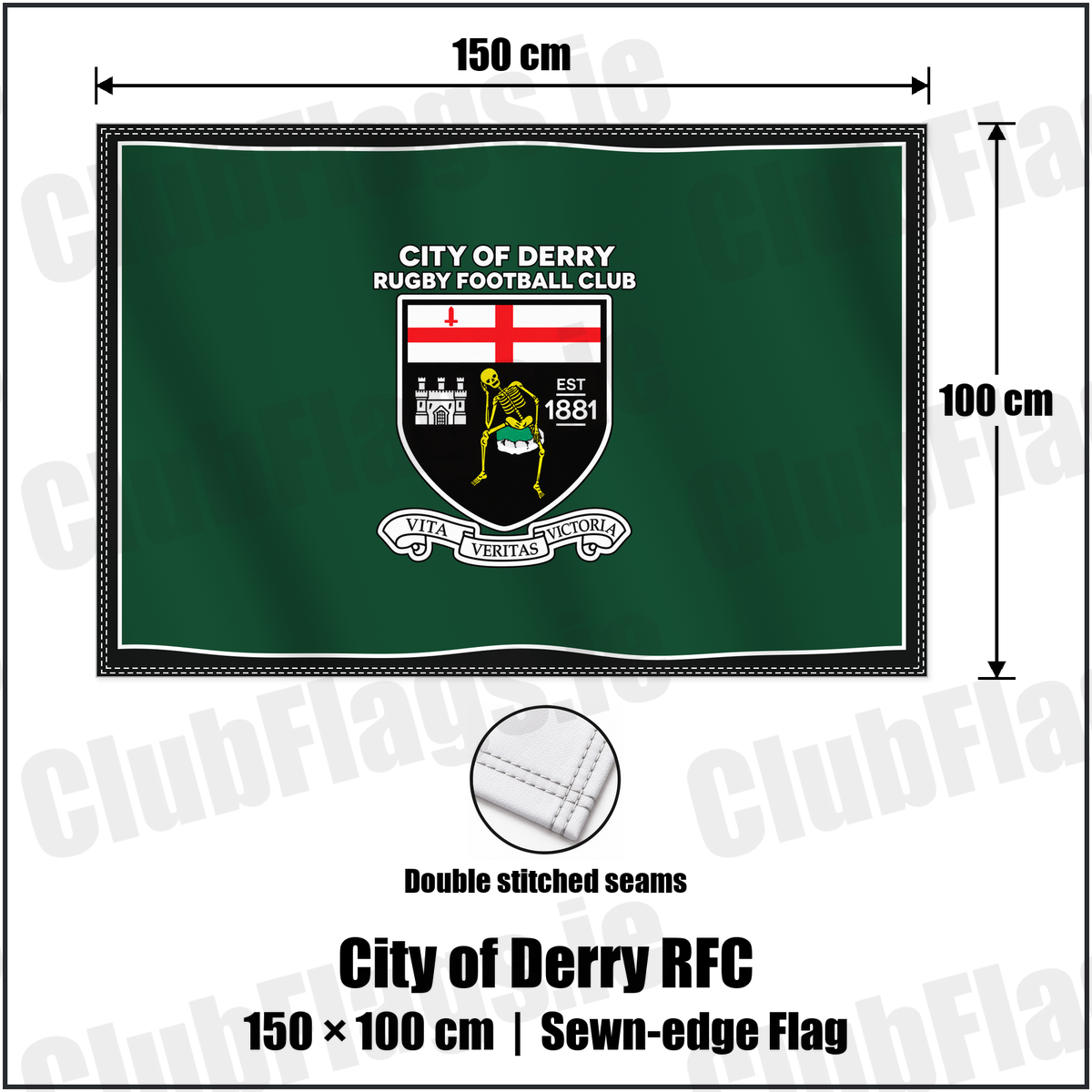 City of Derry RFC 100cm x 150cm Flag (sewn on the edges) with the club crest and colours, Derry Rugby - ClubFlags.ie