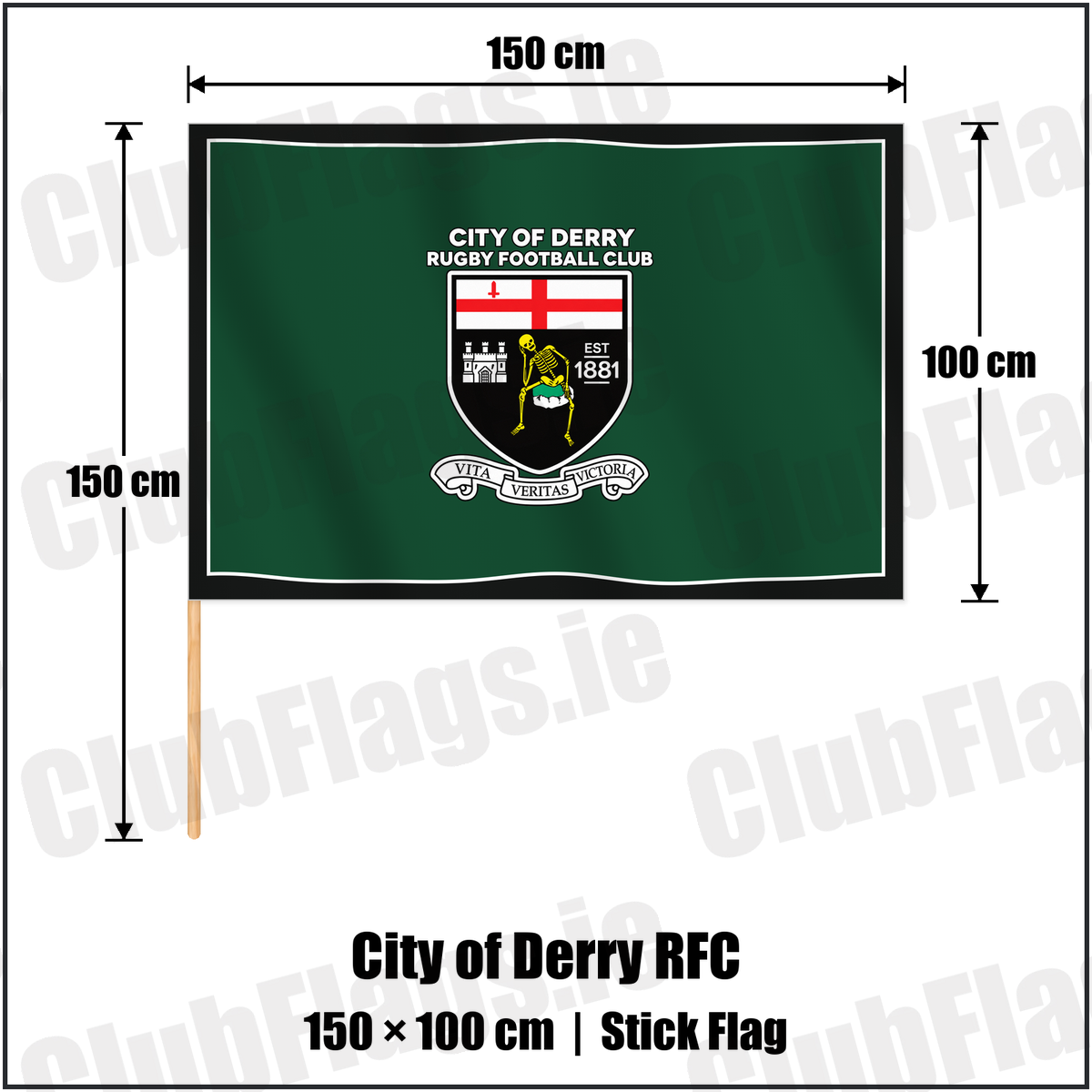 City of Derry RFC 100cm x 150cm Stick Flag with the club crest and colours, Derry Rugby - ClubFlags.ie