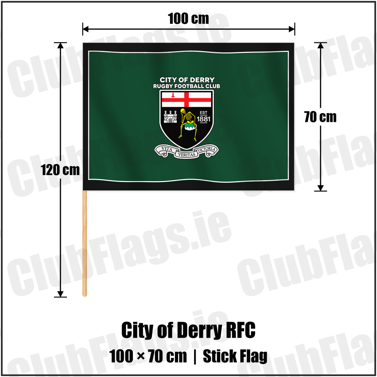 City of Derry RFC 70cm x 100cm Stick Flag with the club crest and colours, Derry Rugby - ClubFlags.ie
