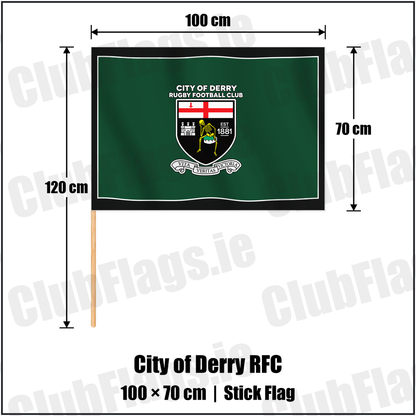 City of Derry RFC 70cm x 100cm Stick Flag with the club crest and colours, Derry Rugby - ClubFlags.ie