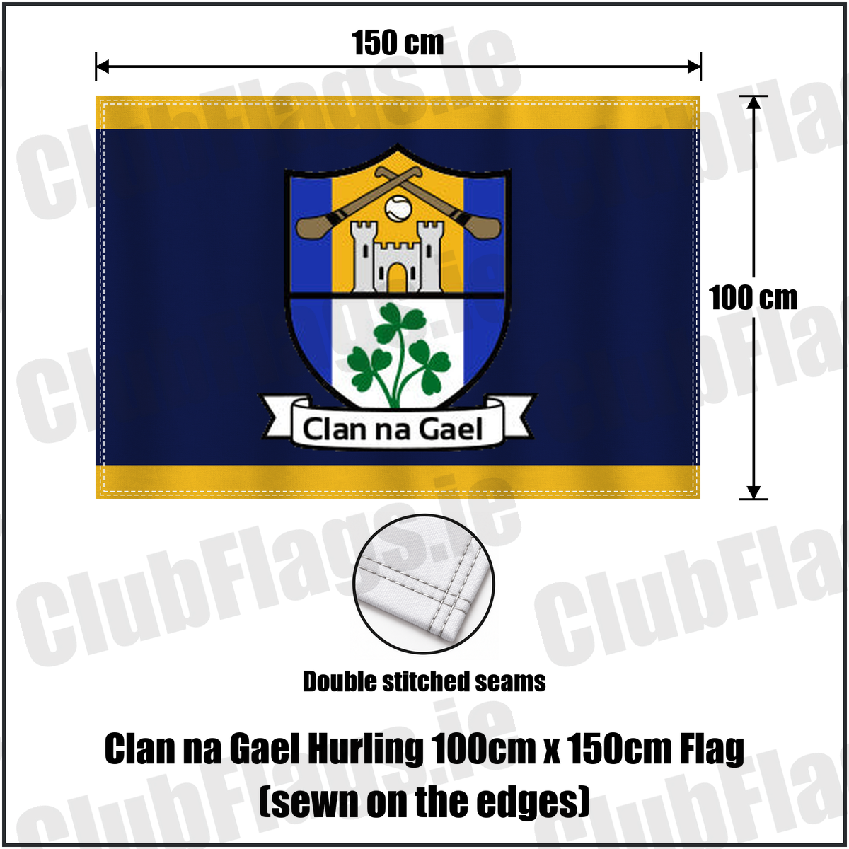 Clan na Gael Hurling 100cm x 150cm Flag (sewn on the edges), featuring the club crest and navy and gold colours; County Westmeath GAA. ClubFlags.ie.