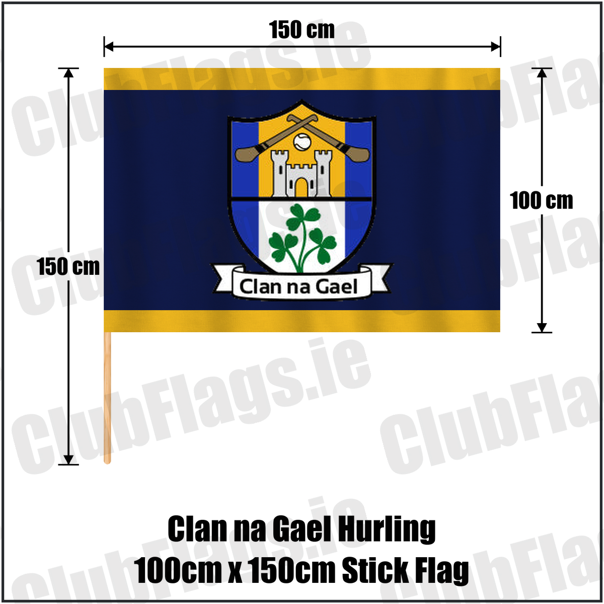 Clan na Gael Hurling 100cm x 150cm Stick Flag, featuring the club crest and navy and gold colours; County Westmeath GAA. ClubFlags.ie.