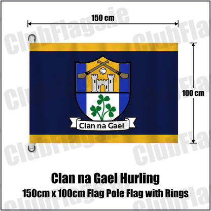 Clan na Gael Hurling 150cm x 100cm Flag Pole Flag with Rings, featuring the club crest and navy and gold colours; County Westmeath GAA. ClubFlags.ie.