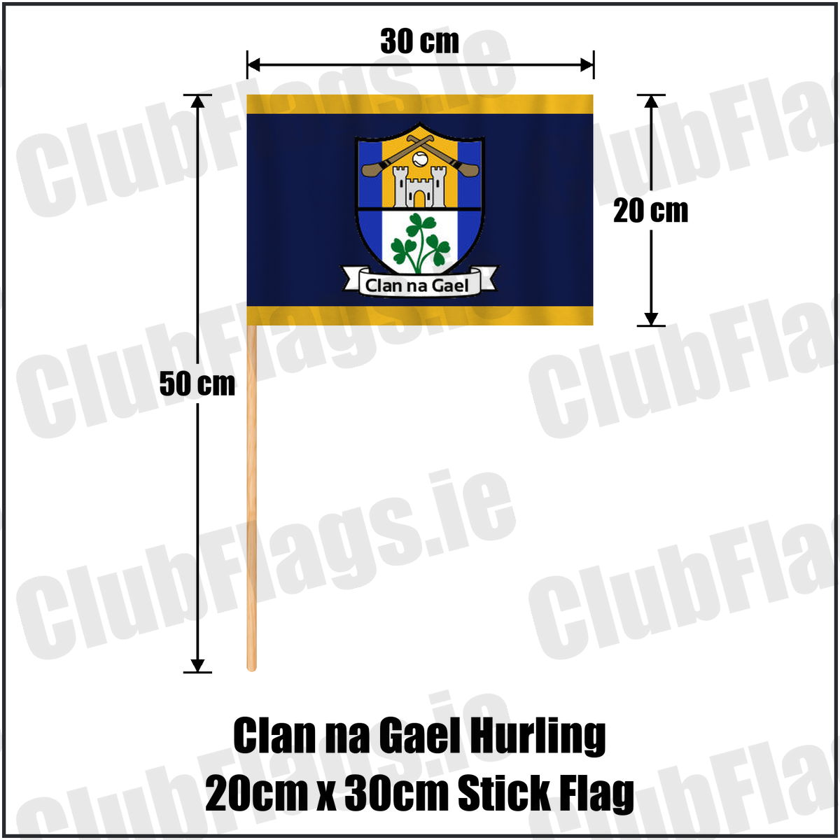 Clan na Gael Hurling 20cm x 30cm Stick Flag, featuring the club crest and navy and gold colours; County Westmeath GAA. ClubFlags.ie.