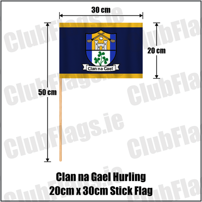 Clan na Gael Hurling 20cm x 30cm Stick Flag, featuring the club crest and navy and gold colours; County Westmeath GAA. ClubFlags.ie.