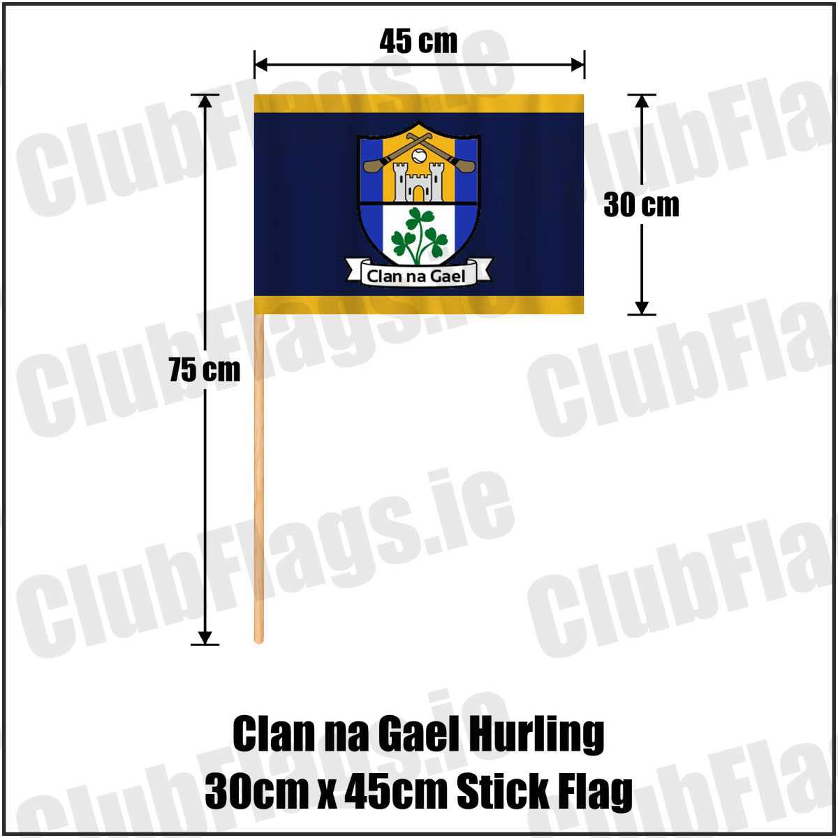 Clan na Gael Hurling 30cm x 45cm Stick Flag, featuring the club crest and navy and gold colours; County Westmeath GAA. ClubFlags.ie.