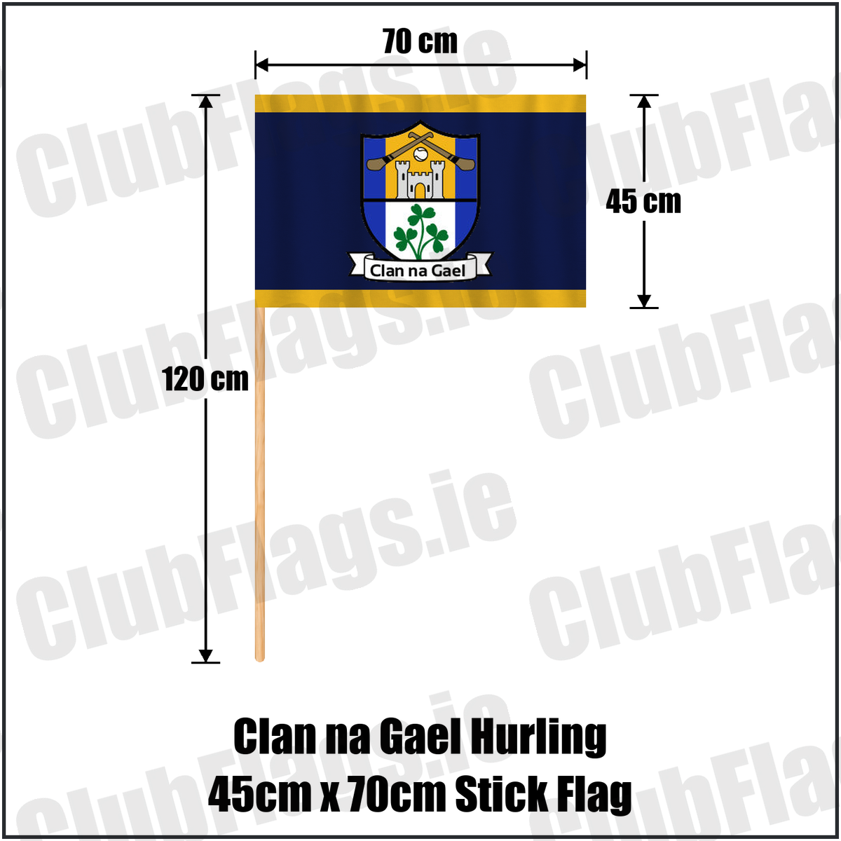 Clan na Gael Hurling 45cm x 70cm Stick Flag, featuring the club crest and navy and gold colours; County Westmeath GAA. ClubFlags.ie.