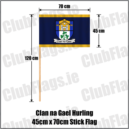Clan na Gael Hurling 45cm x 70cm Stick Flag, featuring the club crest and navy and gold colours; County Westmeath GAA. ClubFlags.ie.