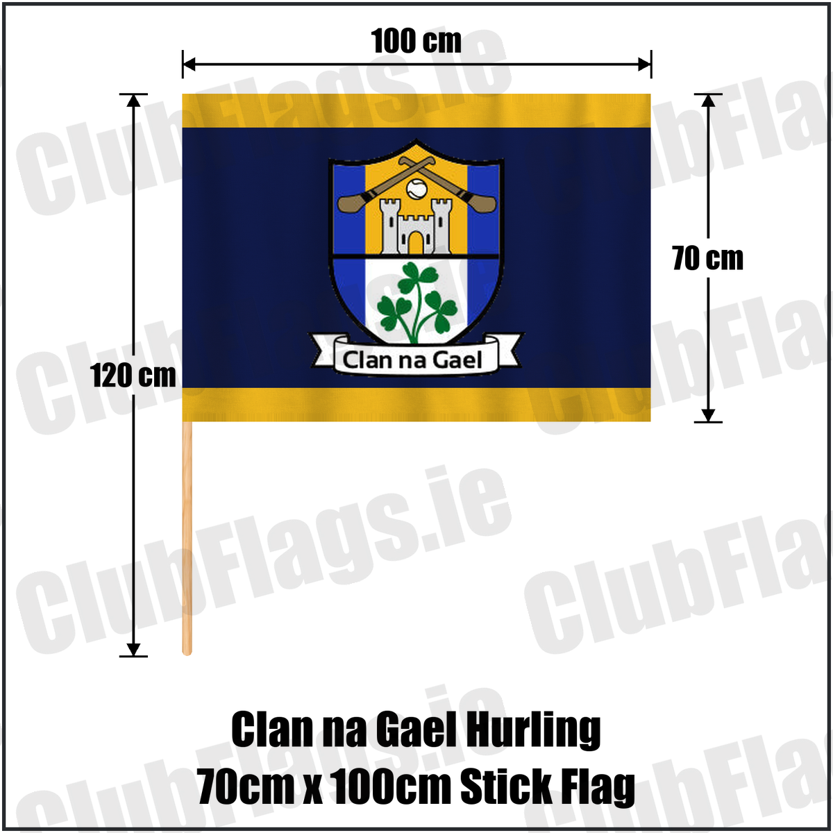 Clan na Gael Hurling 70cm x 100cm Stick Flag, featuring the club crest and navy and gold colours; County Westmeath GAA. ClubFlags.ie.