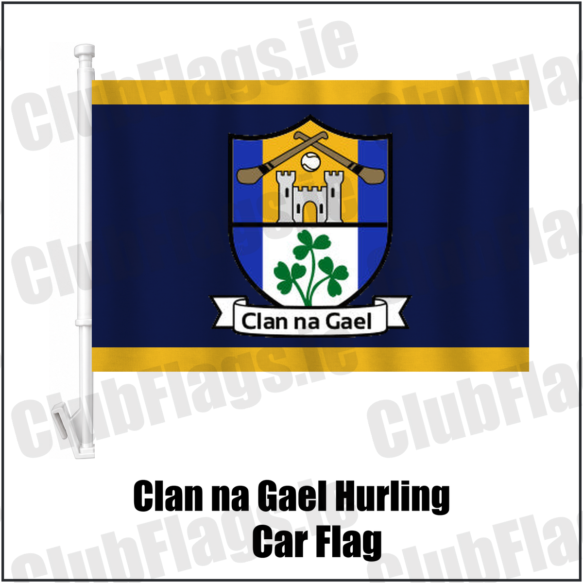 Clan na Gael Hurling Car Flag, featuring the club crest and navy and gold colours; County Westmeath GAA. ClubFlags.ie.