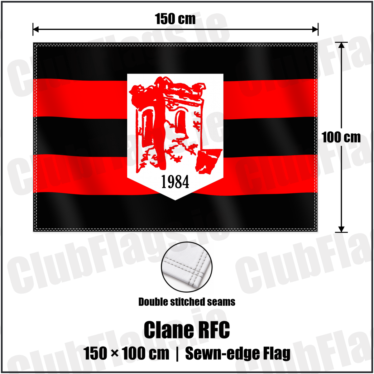 Clane RFC 100cm x 150cm Flag (sewn on the edges) with the club crest and colours, Kildare Rugby - ClubFlags.ie