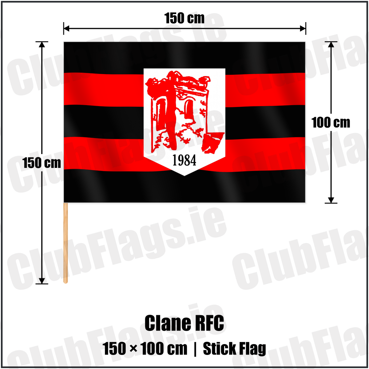 Clane RFC 100cm x 150cm Stick Flag with the club crest and colours, Kildare Rugby - ClubFlags.ie