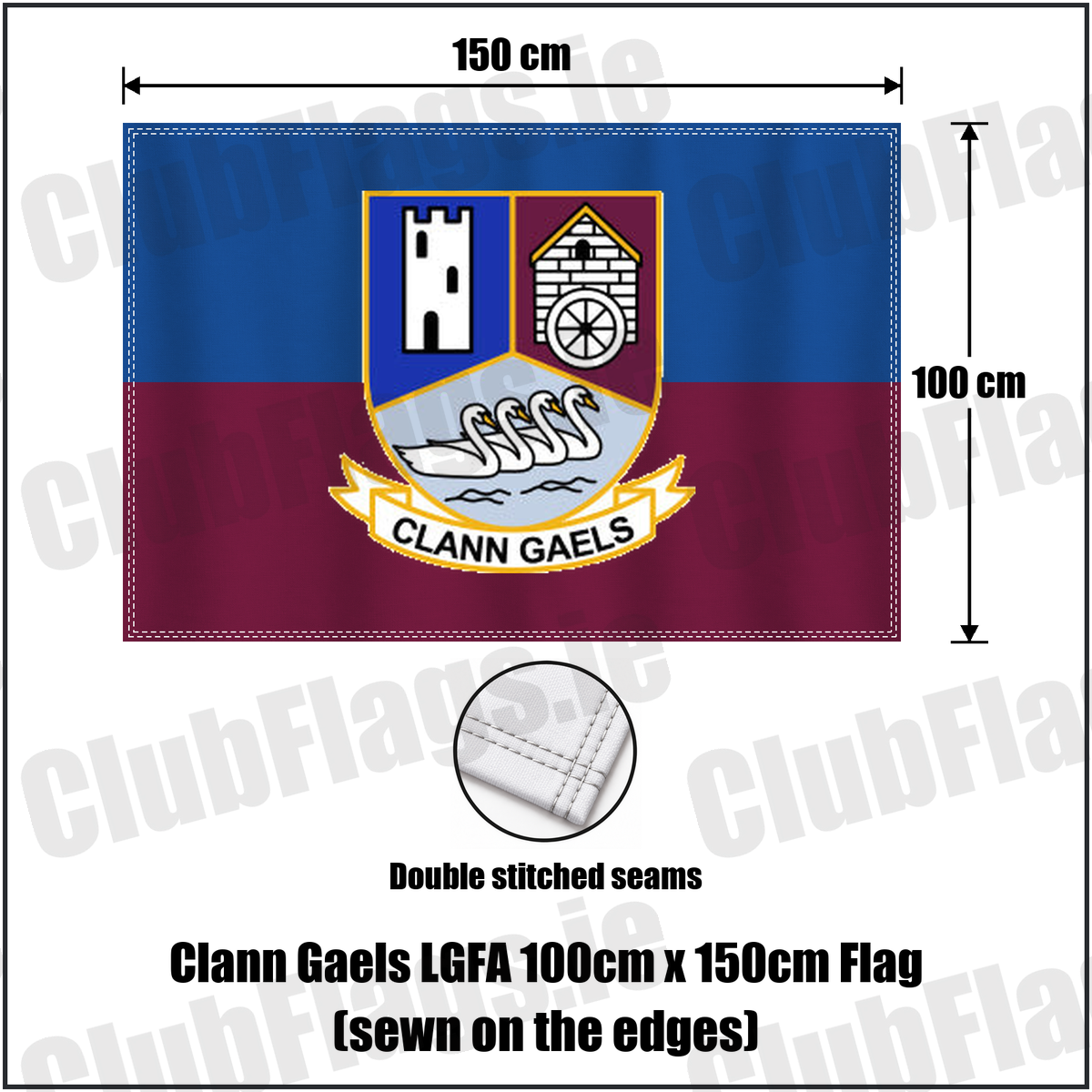 Clann Gaels LGFA 100cm x 150cm Flag (sewn on the edges), featuring the club crest and blue and maroon and gold colours; County Westmeath ladies Gaelic football. ClubFlags.ie.