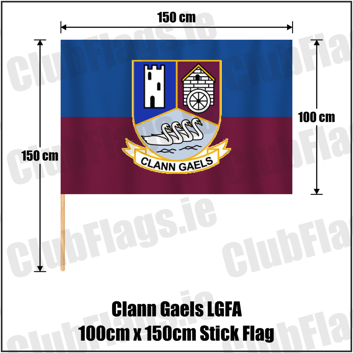 Clann Gaels LGFA 100cm x 150cm Stick Flag, featuring the club crest and blue and maroon and gold colours; County Westmeath ladies Gaelic football. ClubFlags.ie.