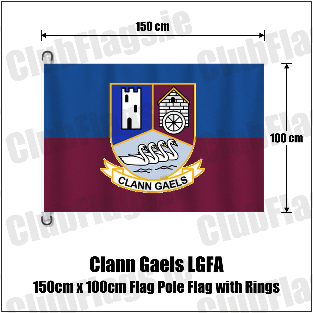 Clann Gaels LGFA 150cm x 100cm Flag Pole Flag with Rings, featuring the club crest and blue and maroon and gold colours; County Westmeath ladies Gaelic football. ClubFlags.ie.