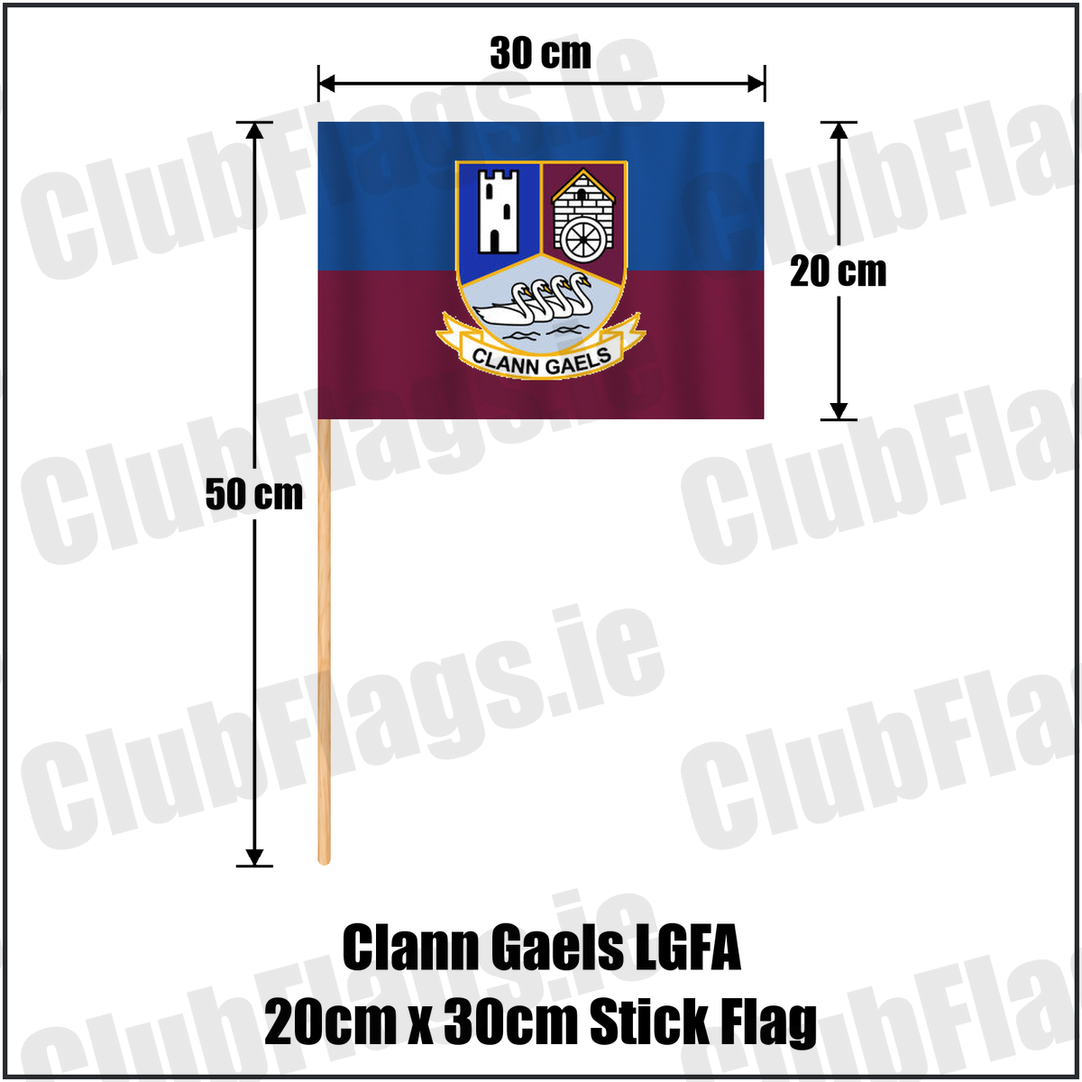 Clann Gaels LGFA 20cm x 30cm Stick Flag, featuring the club crest and blue and maroon and gold colours; County Westmeath ladies Gaelic football. ClubFlags.ie.