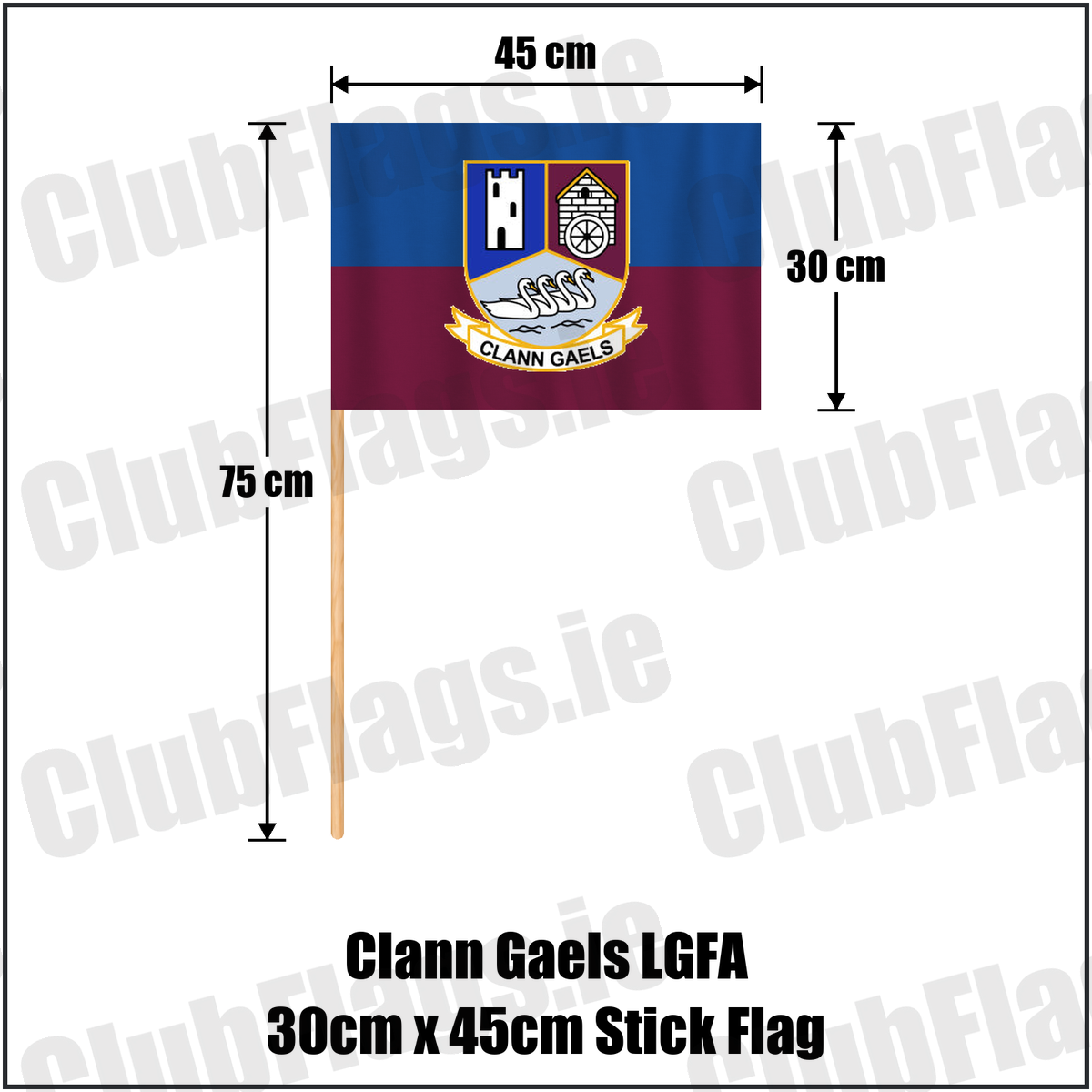 Clann Gaels LGFA 30cm x 45cm Stick Flag, featuring the club crest and blue and maroon and gold colours; County Westmeath ladies Gaelic football. ClubFlags.ie.
