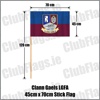 Clann Gaels LGFA 45cm x 70cm Stick Flag, featuring the club crest and blue and maroon and gold colours; County Westmeath ladies Gaelic football. ClubFlags.ie.