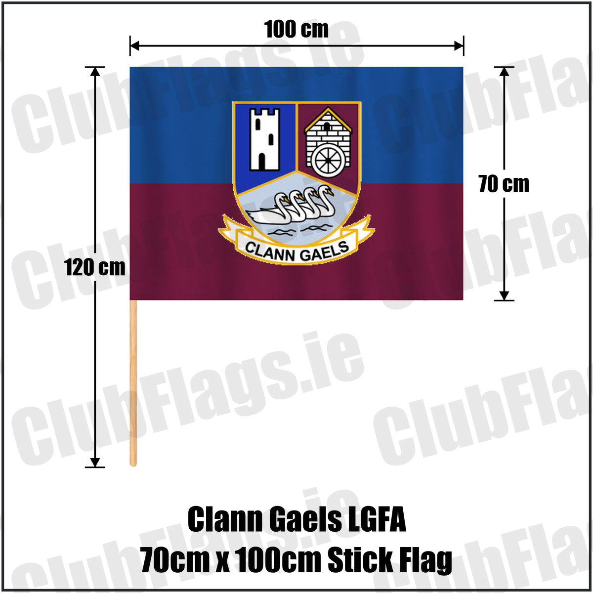 Clann Gaels LGFA 70cm x 100cm Stick Flag, featuring the club crest and blue and maroon and gold colours; County Westmeath ladies Gaelic football. ClubFlags.ie.