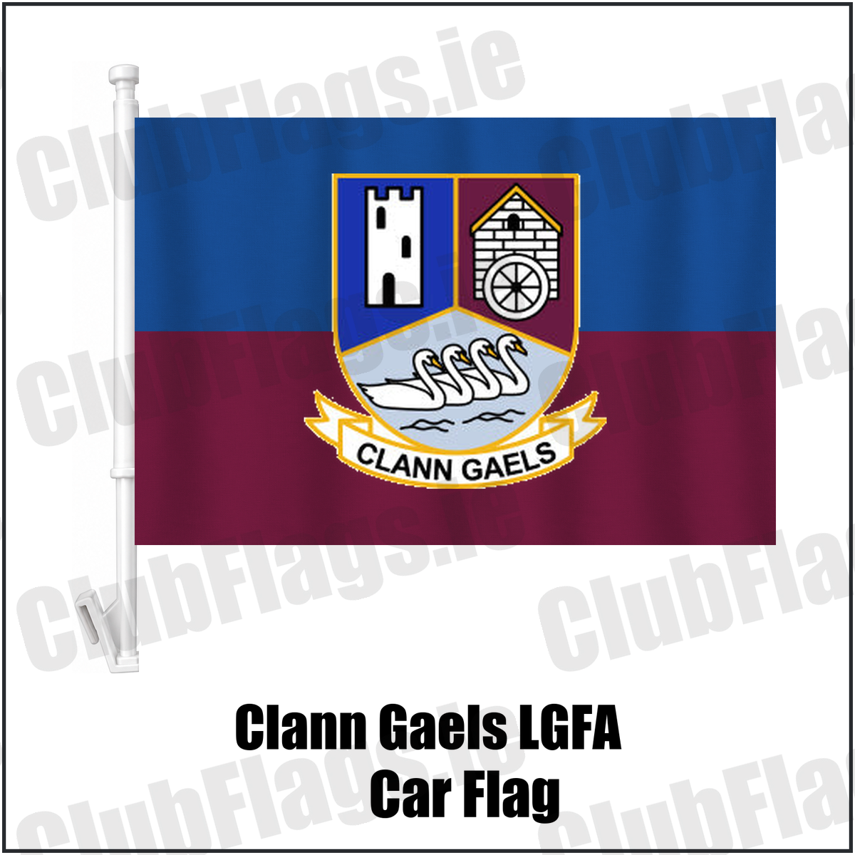 Clann Gaels LGFA Car Flag, featuring the club crest and blue and maroon and gold colours; County Westmeath ladies Gaelic football. ClubFlags.ie.