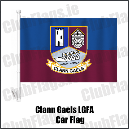 Clann Gaels LGFA Car Flag, featuring the club crest and blue and maroon and gold colours; County Westmeath ladies Gaelic football. ClubFlags.ie.