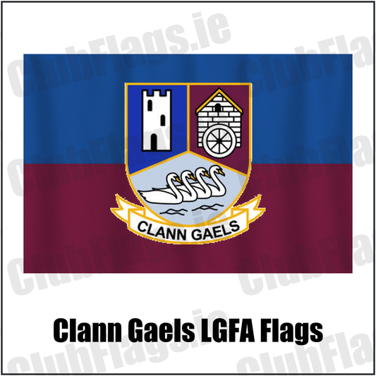 Clann Gaels LGFA Flags, featuring the club crest and blue and maroon and gold colours; County Westmeath ladies Gaelic football. ClubFlags.ie.
