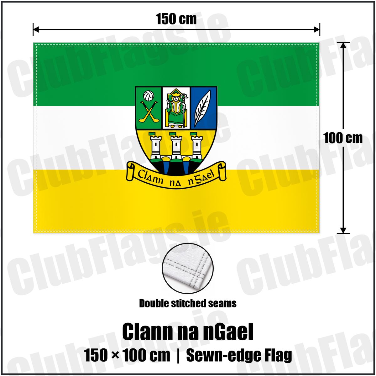 Clann na nGael 100cm x 150cm Flag (sewn on the edges) with the club crest and colours, Meath GAA - ClubFlags.ie