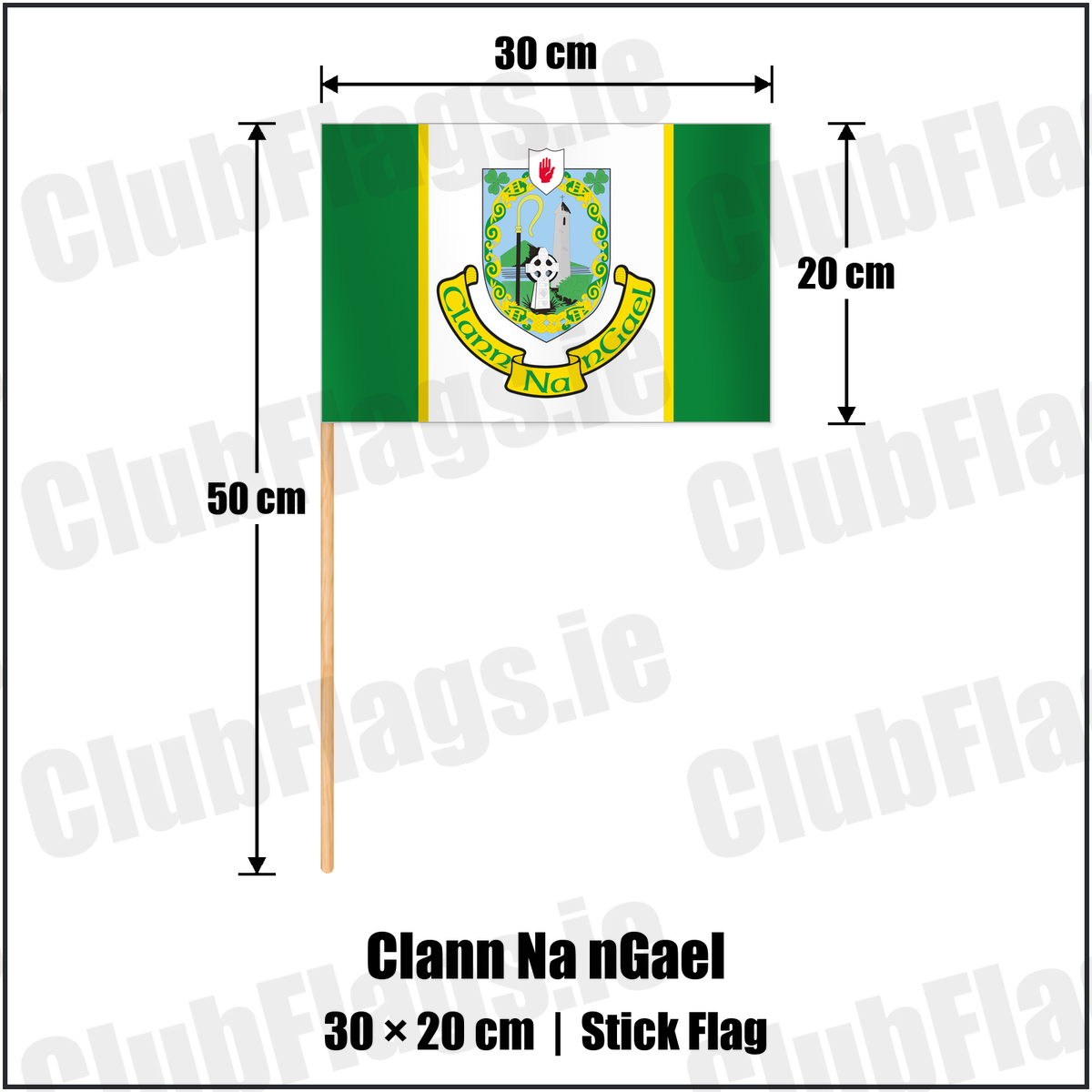 Clann Na nGael 20cm x 30cm Stick Flag with the club crest and colours, Tyrone GAA - ClubFlags.ie