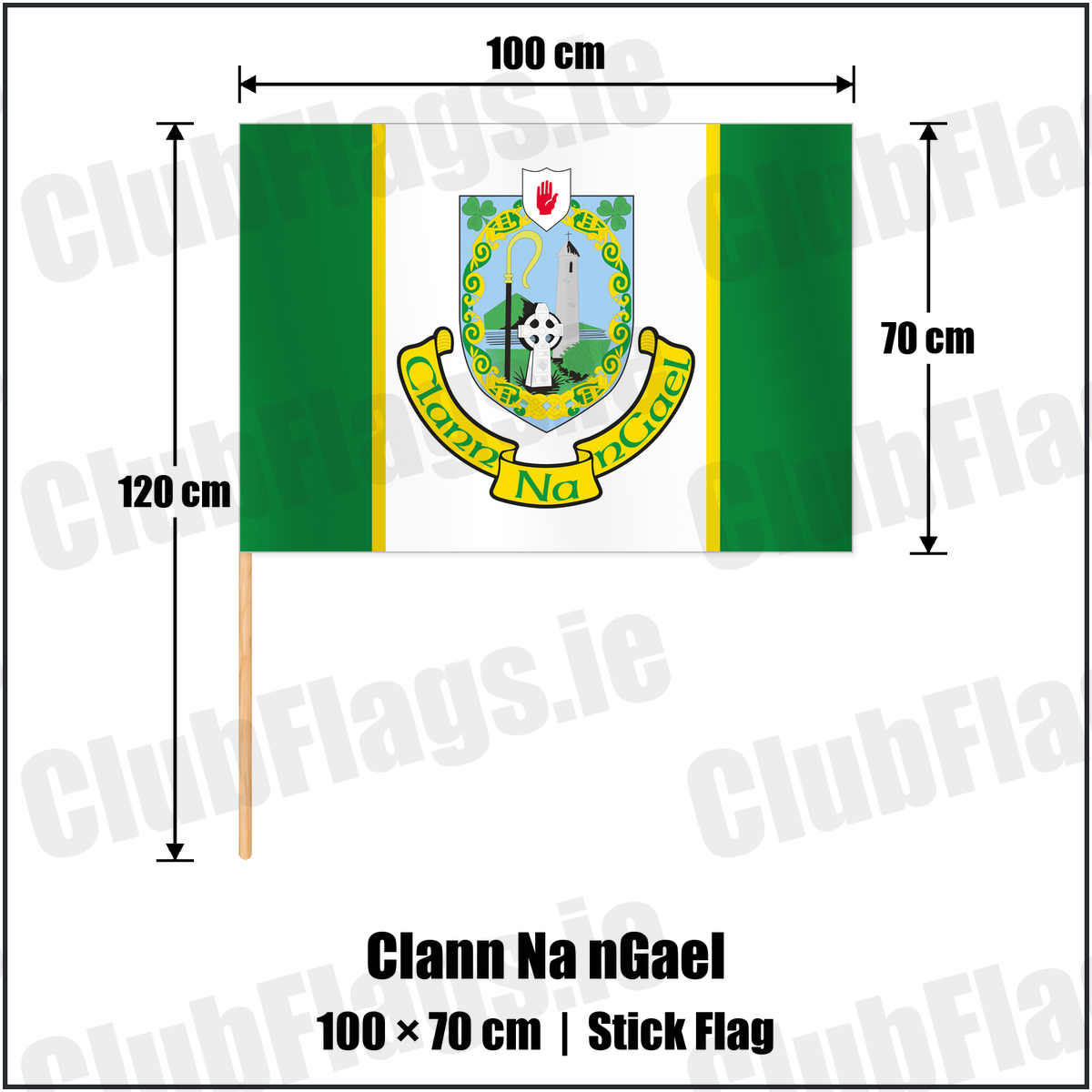 Clann Na nGael 70cm x 100cm Stick Flag with the club crest and colours, Tyrone GAA - ClubFlags.ie