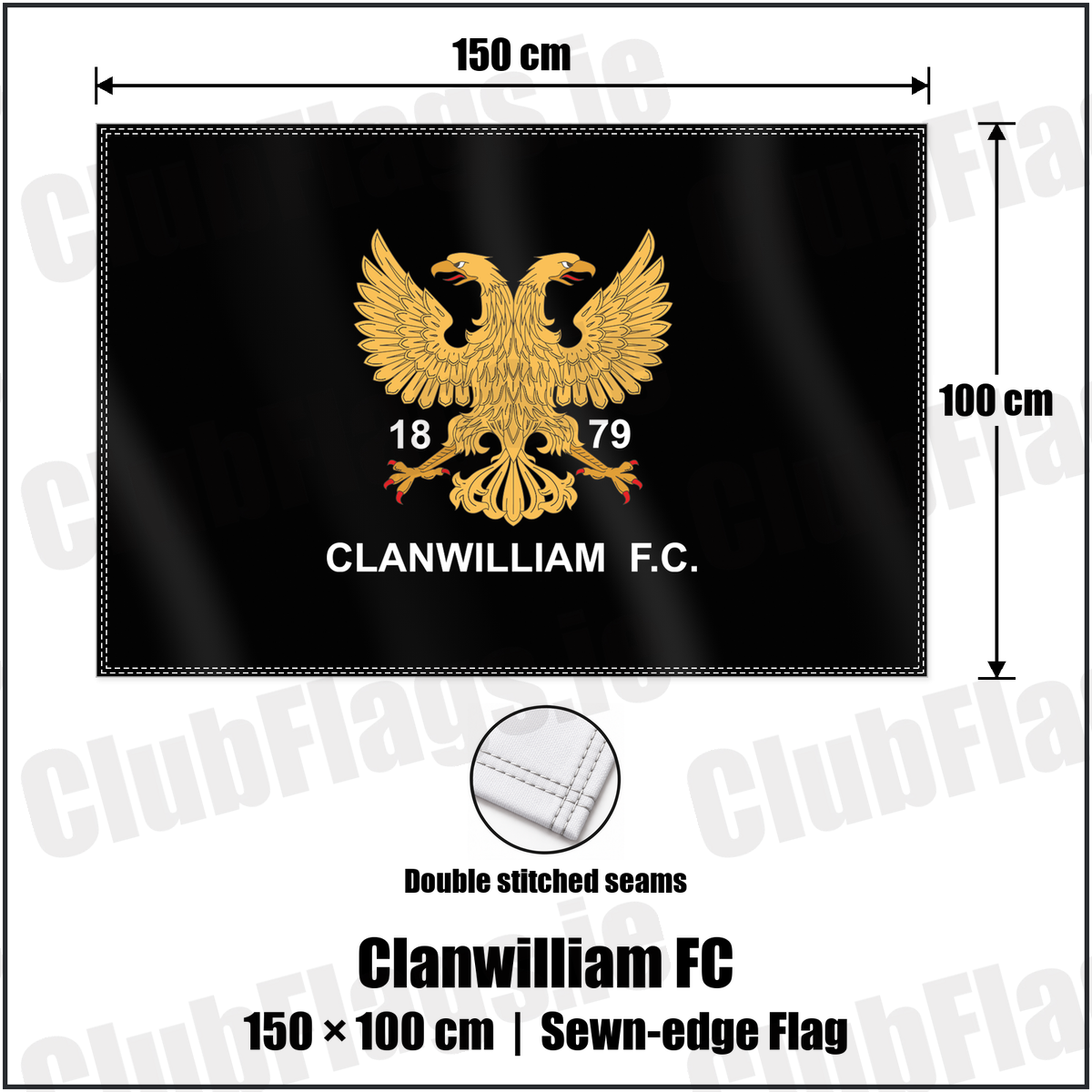 Clanwilliam FC 100cm x 150cm Flag (sewn on the edges) with the club crest and colours, Tipperary Rugby - ClubFlags.ie