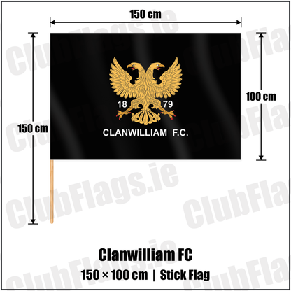 Clanwilliam FC 100cm x 150cm Stick Flag with the club crest and colours, Tipperary Rugby - ClubFlags.ie