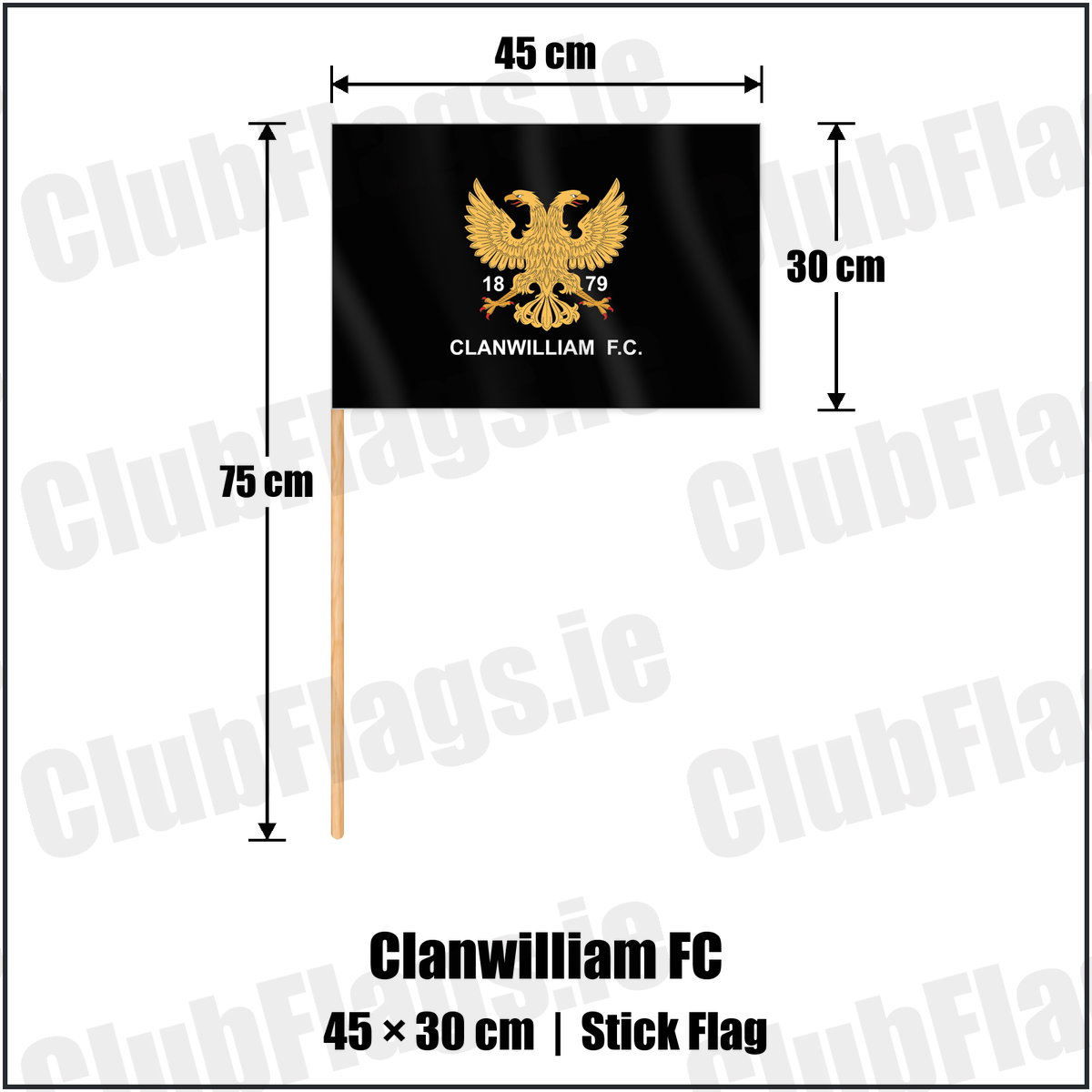 Clanwilliam FC 30cm x 45cm Stick Flag with the club crest and colours, Tipperary Rugby - ClubFlags.ie